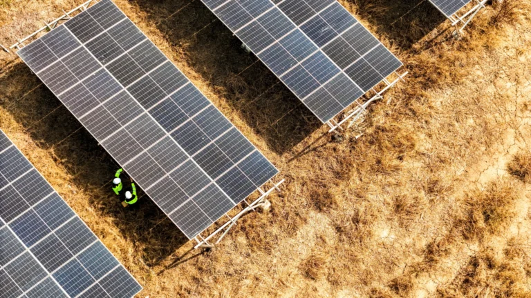 Installateur local en train de poser un panneau solaire avec vue sur la campagne normande